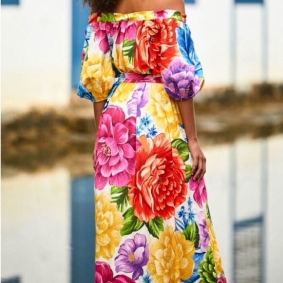 NEW FARM Rio Rainbow Chita Off Shoulder Maxi Dress Puff Sleeve Pink Floral L/XL - Picture 3 of 16